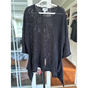 EUC Joseph Ribkoff Sweater L/XL Kerchief Hem Black Distressed Cut Out